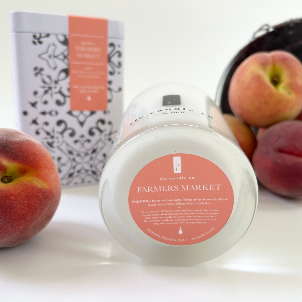 TLC Candle Co. "Farmer's Market" Hand Poured 11oz Jar Candle in Vintage Tin, Fresh Peaches Scented Natural Soy Wax and Essential Oil Blended Fragrances, 2 Wicks, 60 Hour Burn Time, Made in the USA