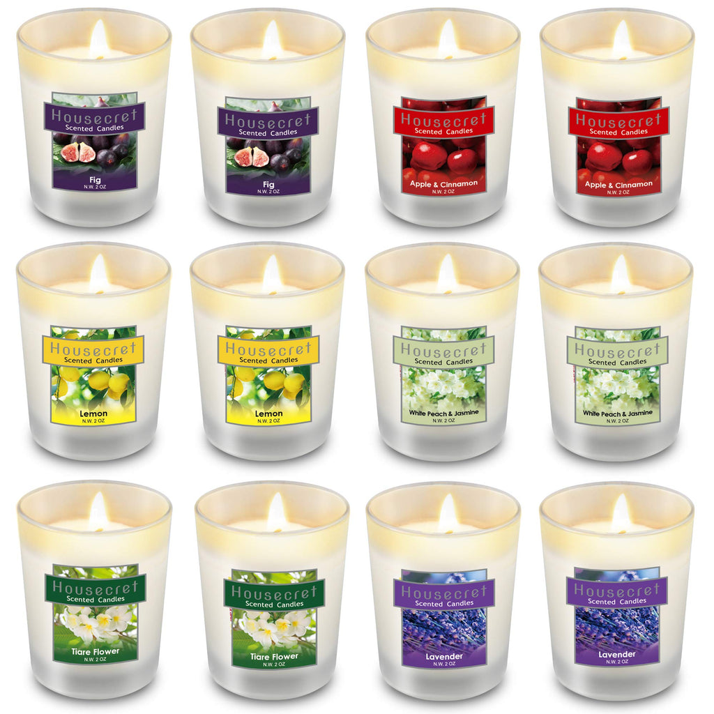 Housecret Pack of 12 Strong Scented Candles Gift Set with 6 Fragrances for Home and Women Aromatherapy Soy Wax Glass Jar Candle